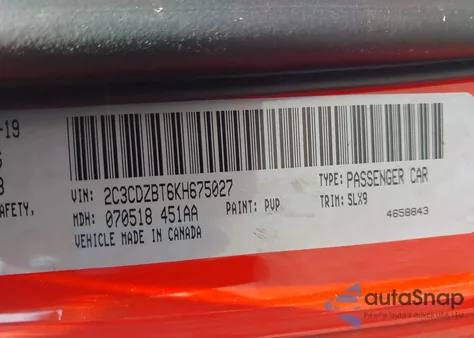 2019 Dodge Challenger R/T z USA, uszkodzony, nr VIN 2C3CDZBT6KH675027